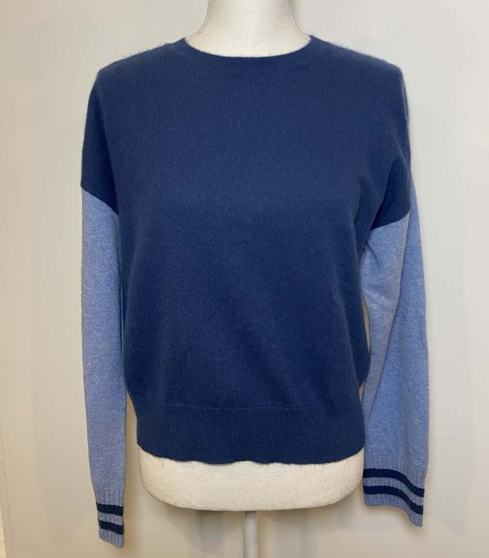 Aqua Cashmere Sweater Crew Neck 2 Tone Blue Stripe Medium M